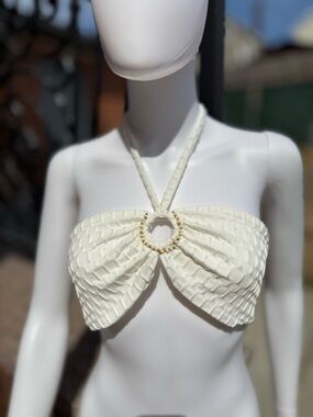 Textured Cream Halter Bikini Top with beads Ring